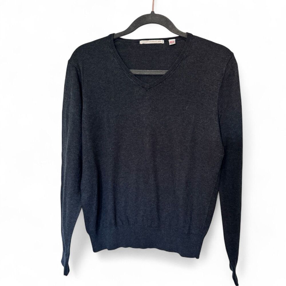 Uniqlo Cotton Cashmere Blend Mens Sweater Size S V-Neck Lightweight Charcoal